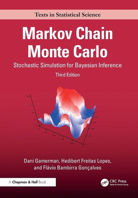 "Markov Chain Monte Carlo. Third Edition. Illustration einer 3D-Grafik auf rotem Hintergrund."
