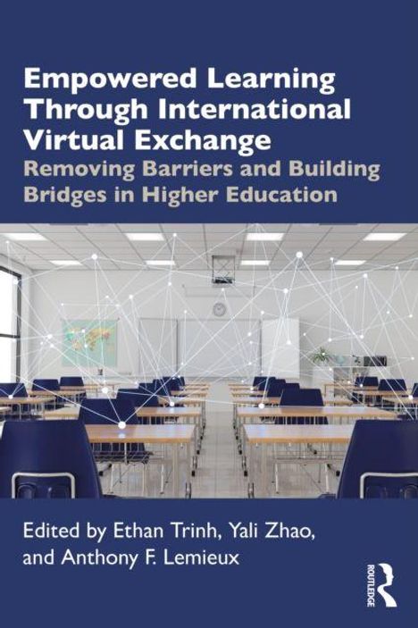 „Empowered Learning Through International Virtual Exchange“ steht oben. Darunter ein Klassenzimmer mit Tischen und Stühlen.