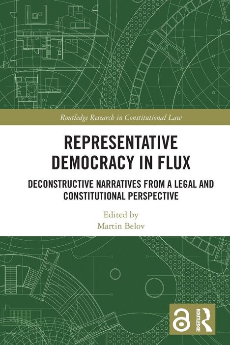 "Representative Democracy in Flux" steht groß. Darunter "Deconstructive Narratives..." Konstruktionszeichnungen im Hintergrund.