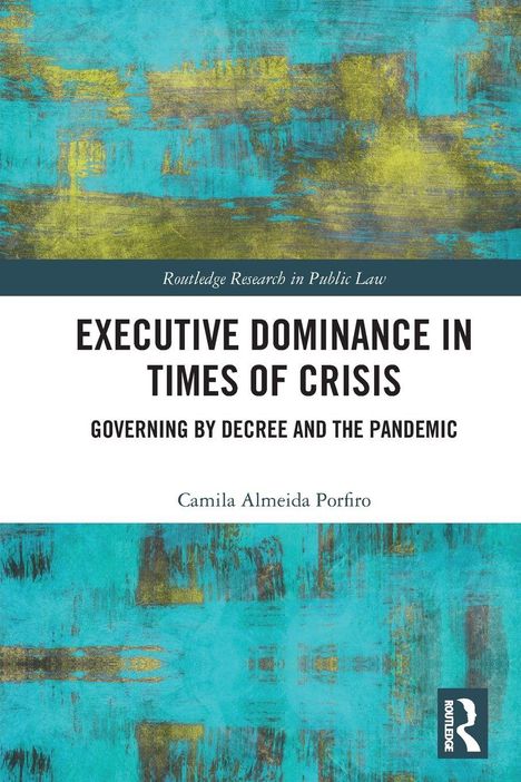"EXECUTIVE DOMINANCE IN TIMES OF CRISIS" von Camila Almeida Porfiro, blaue und gelbe abstrakte Illustration.