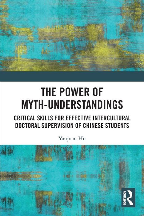 „THE POWER OF MYTH-UNDERSTANDINGS“ mit farbigem abstrakten Hintergrund in Blau und Gelb.
