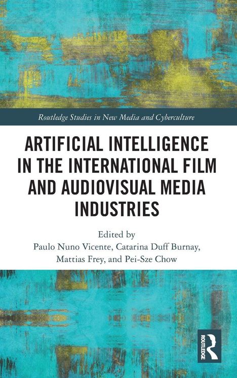 Text: "Artificial Intelligence in the International Film and Audiovisual Media Industries." Blau-gelbes abstraktes Muster.