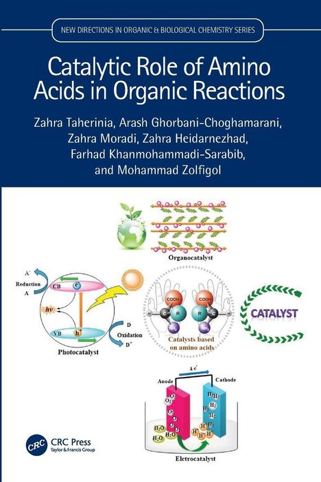 "New Directions in Organic & Biological Chemistry Series. Catalytic Role of Amino Acids in Organic Reactions. Verschiedene Diagramme, ein Molekülmodell, Text: Organocatalyst, Photocatalyst, Electrocatalyst."
