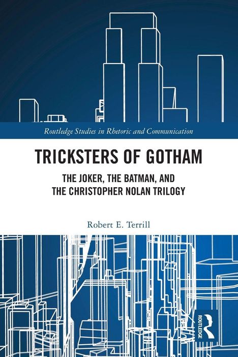 Titel: "Tricksters of Gotham". Thema: Joker, Batman, Christopher Nolan. Illustration: Skizze einer Stadt mit Hochhäusern.