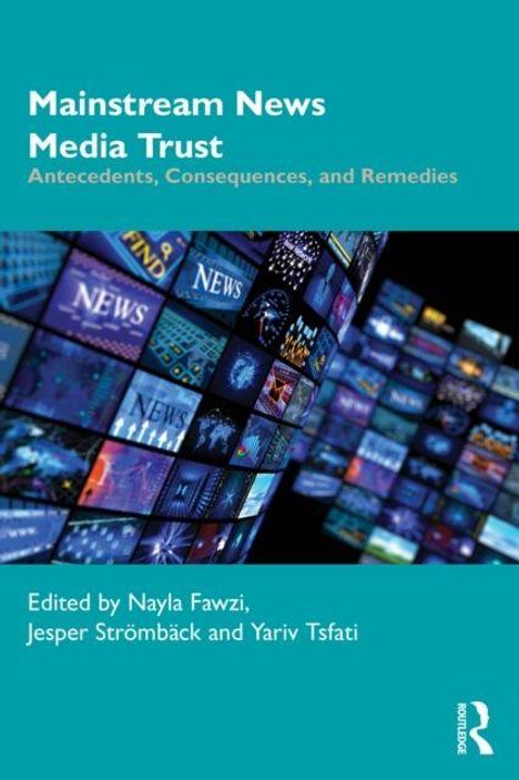 "Mainstream News Media Trust" in Weiß auf Türkis, umgeben von Nachrichtenbildschirmen; herausgegeben von drei Personen.