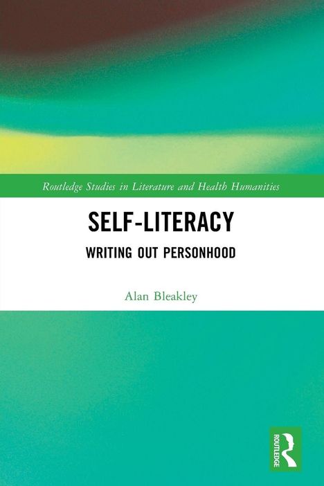 "SELF-LITERACY: WRITING OUT PERSONHOOD" von Alan Bleakley. Grüner, abstrakter Hintergrund mit weißem Streifen.