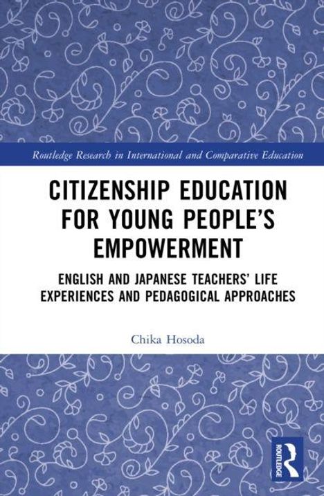 "Citizenship Education for Young People's Empowerment" auf blau-weißem Hintergrund mit floralen Mustern. Autor: Chika Hosoda.