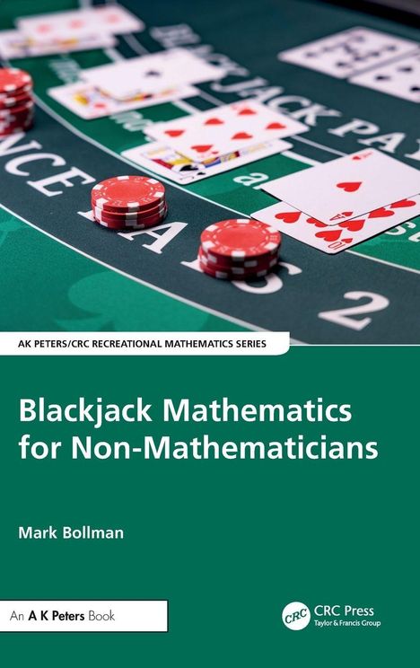 „Blackjack Mathematics for Non-Mathematicians“ von Mark Bollman, zeigt Spielchips und Karten auf einem grünen Tisch.