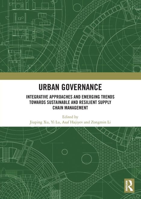 "Urban Governance: Integrative Approaches and Emerging Trends" auf grünem Hintergrund mit architektonischen Linienzeichnungen.