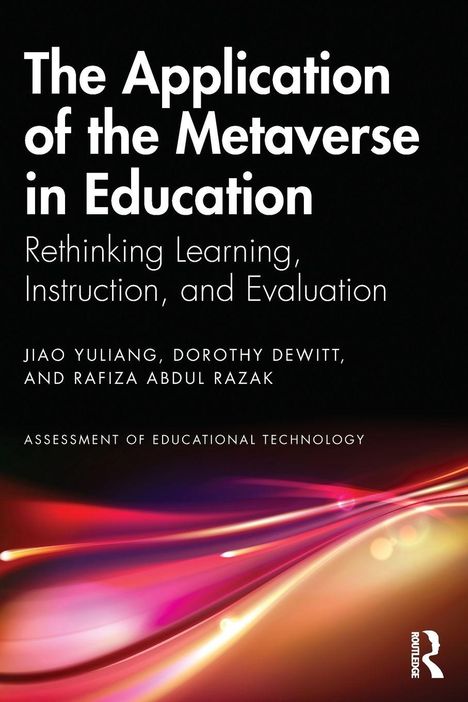 Text: The Application of the Metaverse in Education. Farbige Lichtstreifen auf dunklem Hintergrund.