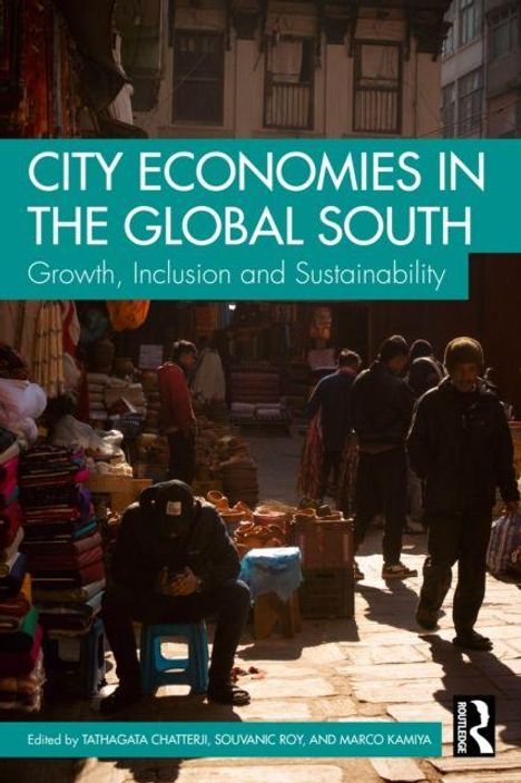 Der Titel lautet: "City Economies in the Global South: Growth, Inclusion and Sustainability." Menschen in einer Marktgasse.