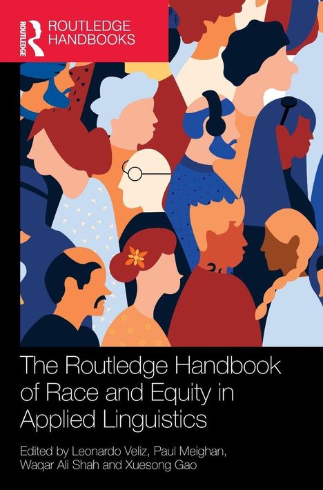 "The Routledge Handbook of Race and Equity in Applied Linguistics". Illustration von vielfältigen Gesichtern in abstrakten Formen.