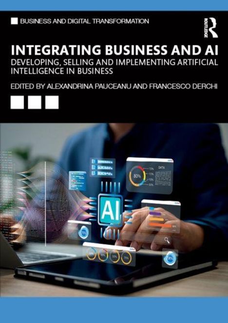 "INTEGRATING BUSINESS AND AI" beschreibt KI-Anwendung im Geschäft. Grafik von Händen über einem Laptop mit Datenvisualisierungen.