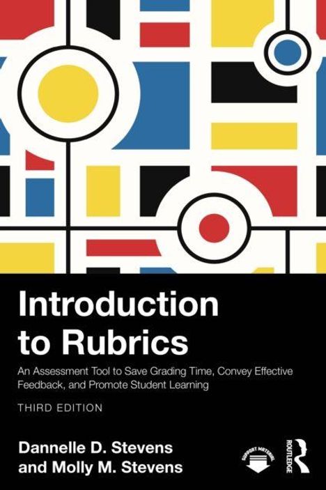 "Introduction to Rubrics" steht groß, darunter kleinerer Text. Oben farbige geometrische Muster in Rot, Blau, Gelb, Schwarz.