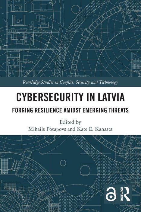 Titel: "CYBERSECURITY IN LATVIA". Blaupause-Muster mit technischem Design.