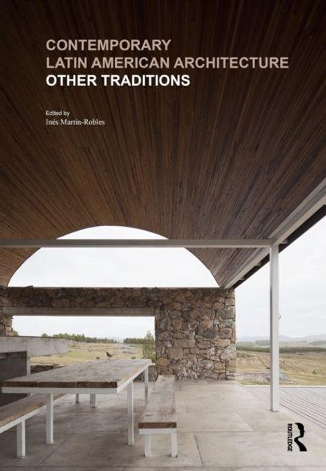 Text: "Contemporary Latin American Architecture: Other Traditions. Edited by Inés Martin-Robles."  
Beschreibung: Moderner Pavillon mit Holzdach und Steinmauern.