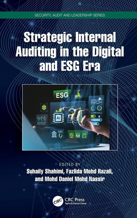 "Strategic Internal Auditing in the Digital and ESG Era", Buchcover mit Technologie-Icons und einer Hand.