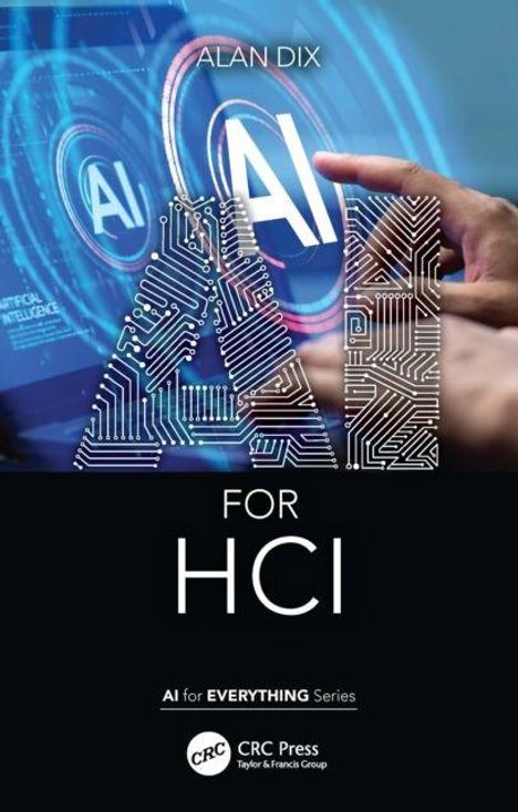 "AI for HCI" in großer Schrift, mit Schaltkreisen verzierter "AI". Zwei Finger zeigen auf einen Bildschirm mit KI-Elementen.