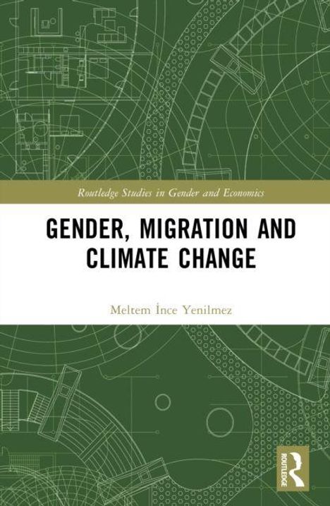 Buchtitel: "Gender, Migration and Climate Change" von Meltem İnce Yenilmez. Hintergrund in grün mit technischen Zeichnungen.