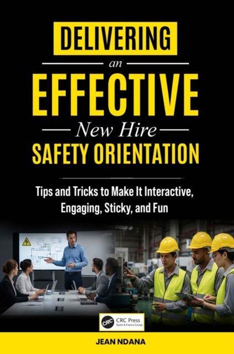 Buchcover: "Delivering an Effective New Hire Safety Orientation" mit Arbeitern in gelben Helmen und einem Vortragenden vor einem Bildschirm.