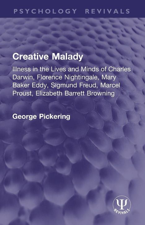 "Creative Malady: Illness in the Lives and Minds of berühmte Persönlichkeiten." Lila Hintergrund mit strukturiertem Muster.