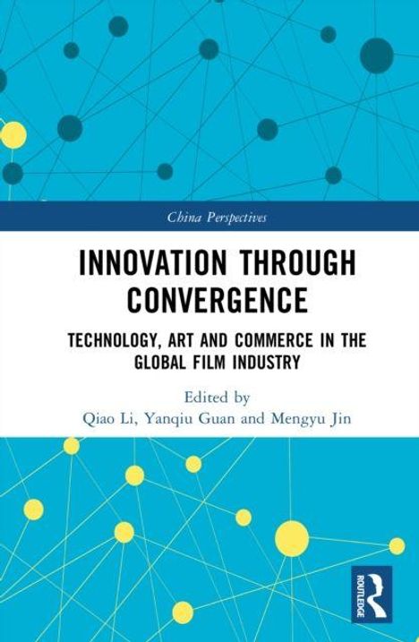 "China Perspectives. Innovation Through Convergence: Technology, Art and Commerce. Blaues Hintergrunddesign mit gelben Punkten."