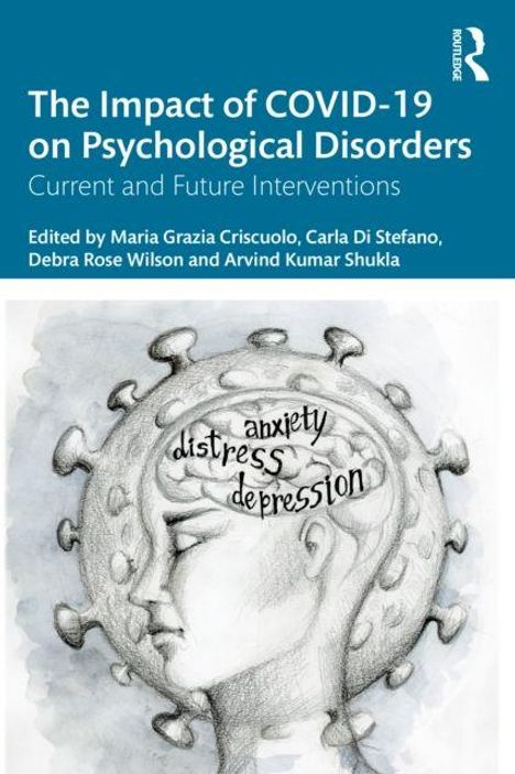 "The Impact of COVID-19 on Psychological Disorders". Illustration eines Virus mit den Wörtern "anxiety", "distress", "depression".