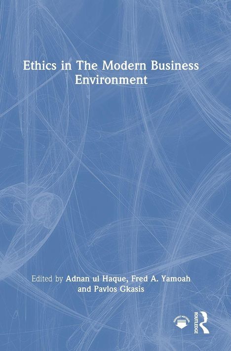 "Ethics in The Modern Business Environment" oben, Editoren unten. Blauer Hintergrund mit weißen, abstrakten Linien.