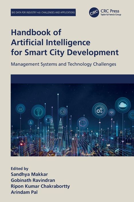 „Handbook of Artificial Intelligence for Smart City Development“: Skyline mit digitalen Symbolen.