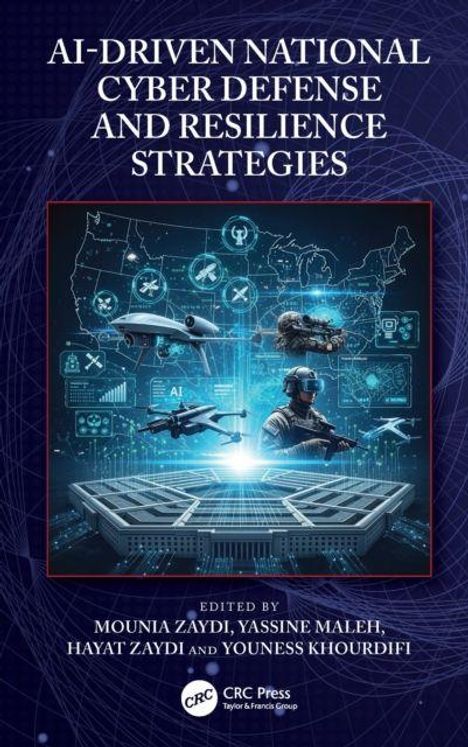 Titel: "AI-Driven National Cyber Defense and Resilience Strategies". Illustration zeigt Tech-Elemente und eine Figur vor Bildschirmen.