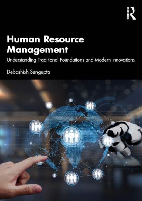 "Human Resource Management" ist der Titel. Eine Illustration mit Händen, Erde und Symbolen für Vernetzung.