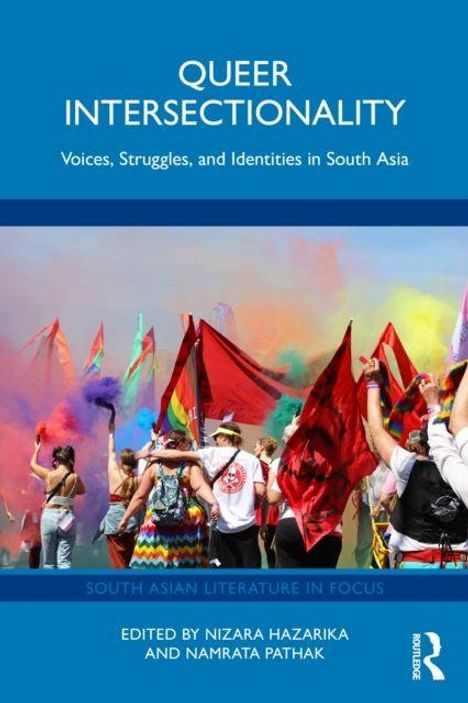"Queer Intersectionality: Voices, Struggles, and Identities in South Asia" oben. Menschen feiern mit bunten Fahnen.