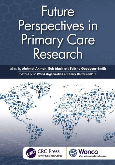 Titel: "Future Perspectives in Primary Care Research". Weltkarte aus medizinischen Symbolen, Logos von CRC Press und Wonca.