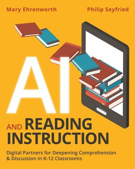 AI AND READING INSTRUCTION. Bücher fliegen aus einem Tablet, oranger Hintergrund.