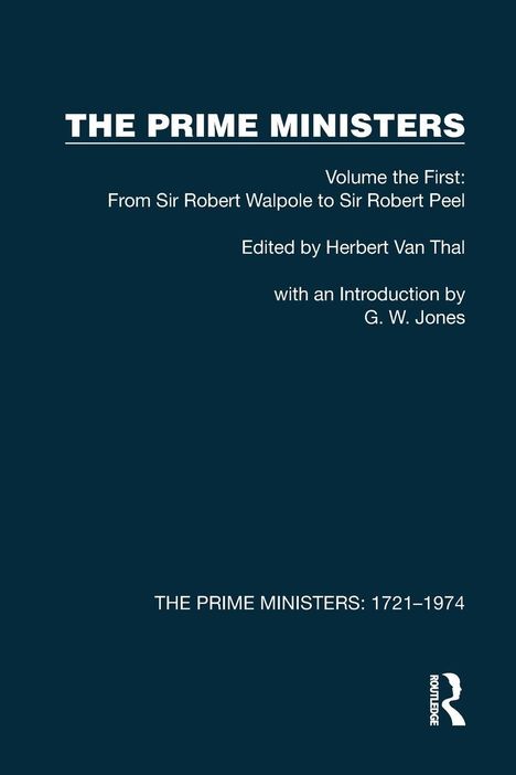 "THE PRIME MINISTERS" Buchcover, blaues Design, Texte: "Edited by Herbert Van Thal", "with an Introduction by G. W. Jones".