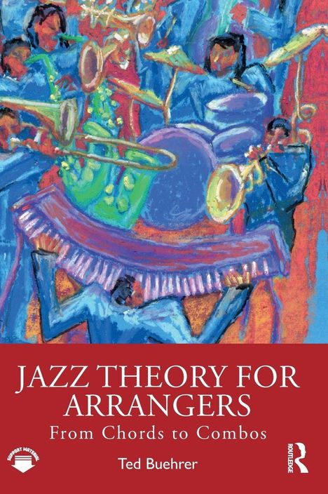 "Jazz Theory for Arrangers: From Chords to Combos" von Ted Buehrer. Blaues, abstraktes Hintergrundmuster.