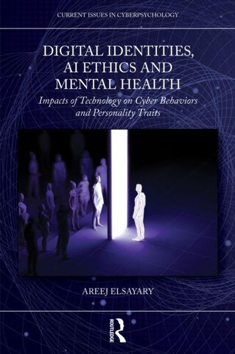 Text: "Digital Identities, AI Ethics and Mental Health" von Areej Elsayary. Menschen stehen vor hell erleuchtetem Portal.