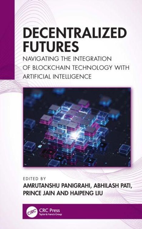 Titel: "Decentralized Futures". Untertitel: "Navigating the Integration of Blockchain Technology with Artificial Intelligence". Geometrische Blöcke.