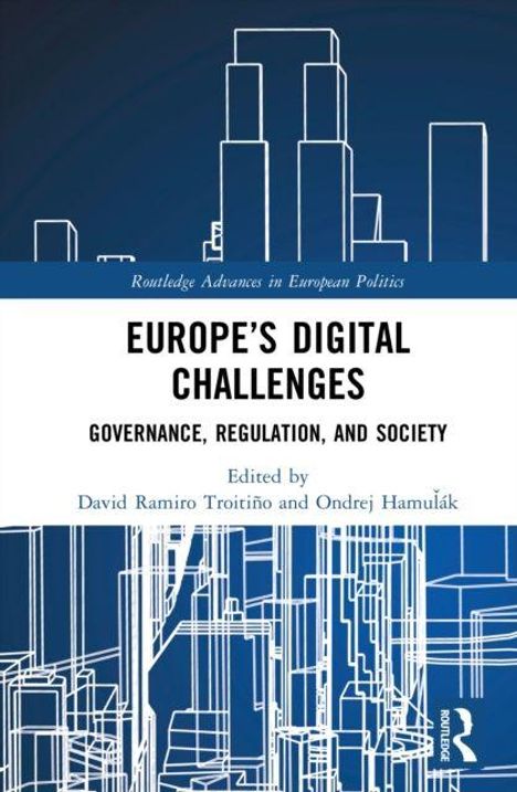 Text: "Europe's Digital Challenges: Governance, Regulation, and Society." Illustrationen von stilisierten Hochhäusern.