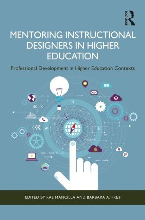 MENTORING INSTRUCTIONAL DESIGNERS IN HIGHER EDUCATION. Ein Finger zeigt auf eine Weltkugel mit digitalen Symbolen.