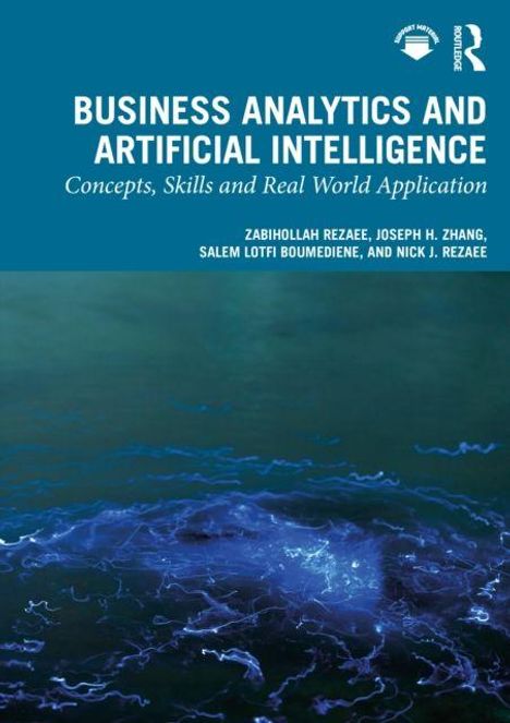 "Business Analytics and Artificial Intelligence: Concepts, Skills and Real World Application". Blaues, abstraktes Wasser-Motiv.