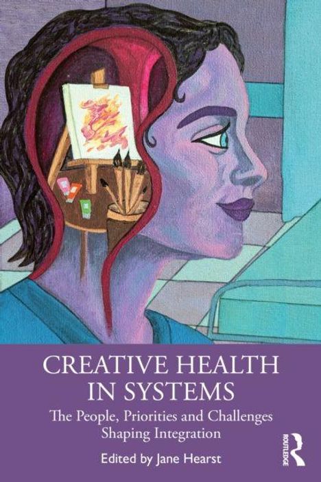 CREATIVE HEALTH IN SYSTEMS. Profilbild einer Frau, deren Kopf Künstlerutensilien enthält. Bearbeitet von Jane Hearst.