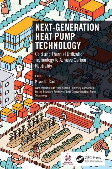 "NEXT-GENERATION HEAT PUMP TECHNOLOGY" steht im Fokus, ergänzt durch Illustrationen einer Stadtlandschaft mit Gärten und Personen.
