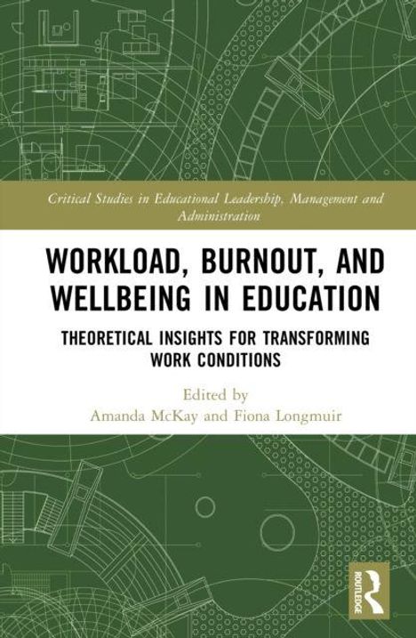 „Workload, Burnout, and Wellbeing in Education“ von Amanda McKay und Fiona Longmuir, grüner Hintergrund mit technischen Zeichnungen.
