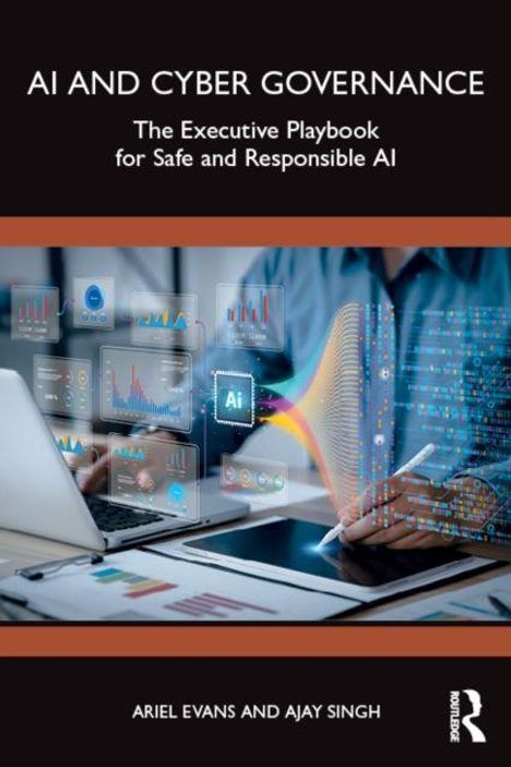 „AI AND CYBER GOVERNANCE: The Executive Playbook for Safe and Responsible AI“. Laptop mit digitalen Diagrammen und AI-Icons.