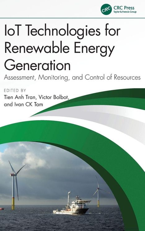 Titel: IoT Technologies for Renewable Energy Generation. Unten: Ein Schiff, zwei Windräder auf dem Meer.