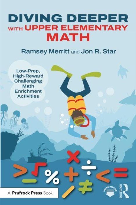„DIVING DEEPER WITH UPPER ELEMENTARY MATH“ - Taucher unter Wasser mit Mathe-Symbolen.