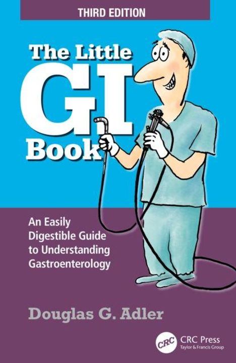 "The Little GI Book" von Douglas G. Adler. Arzt mit Endoskop und Lächeln auf blau-lila Hintergrund, CRC Press-Logo.