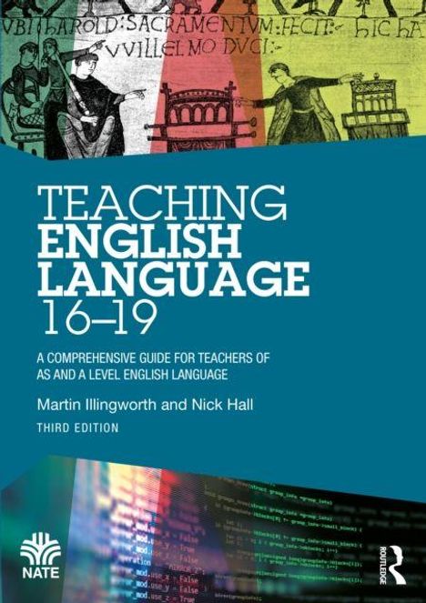"Teaching English Language 16–19" steht auf blauem Hintergrund. Im Hintergrund historische und digitale Motive.