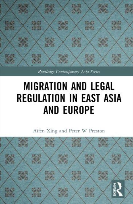 „Migration and Legal Regulation in East Asia and Europe“ von Aifen Xing und Peter W Preston vor gemustertem Hintergrund.